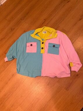 BUCKETLIST Colorblock Button-Front Top in Blue, Pink & Yellow